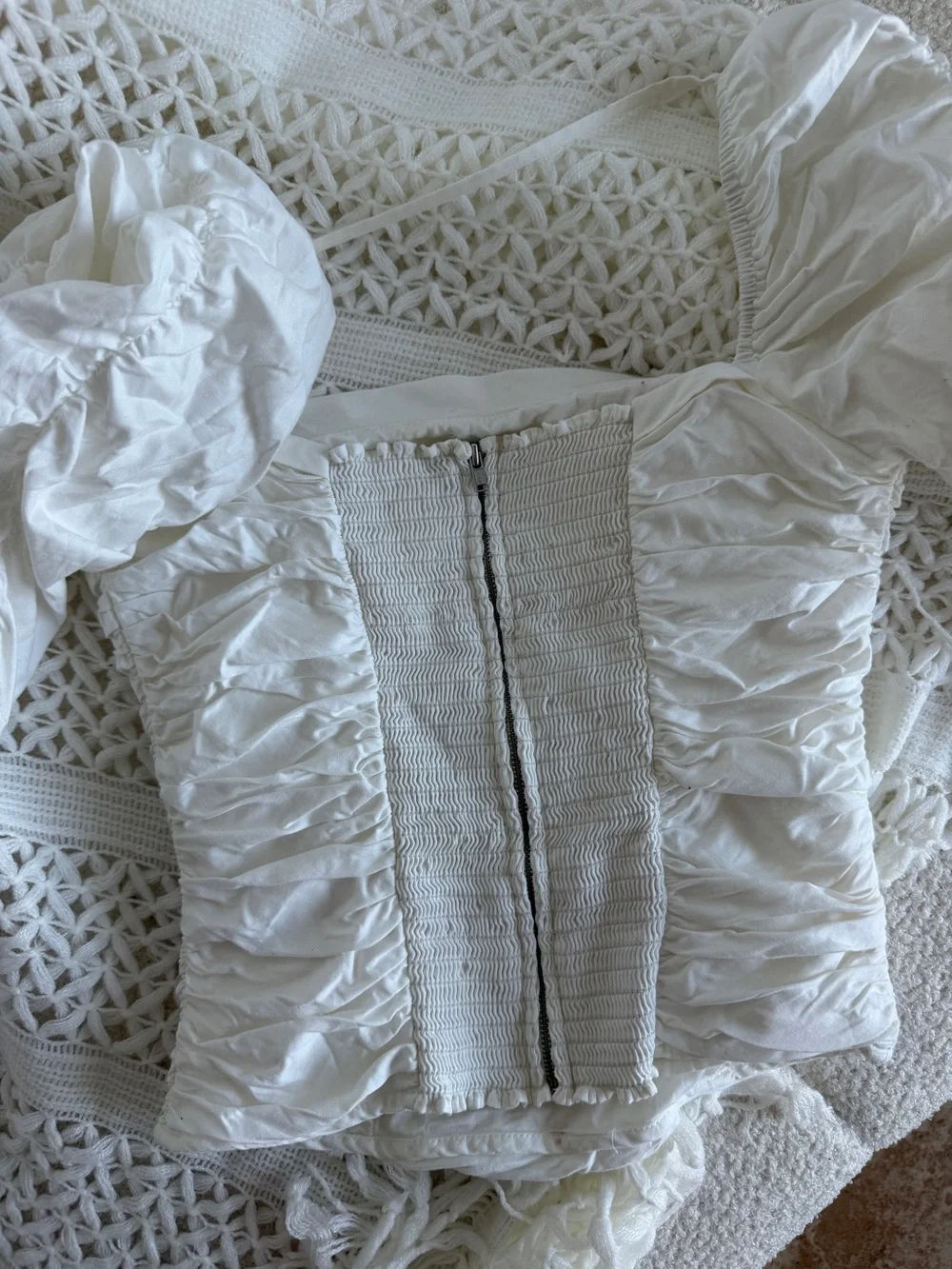 Reformation White Ruched Square-Neck Blouse